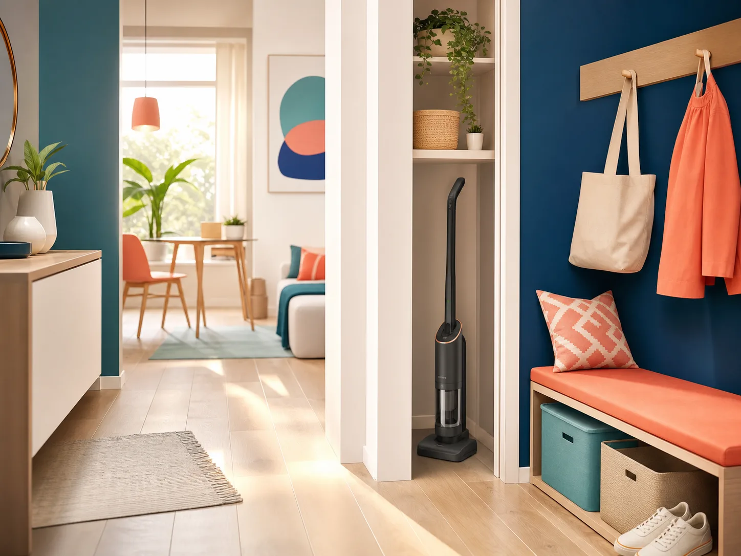 Petit logement lumineux avec rangement compact pour l'entretien des sols.